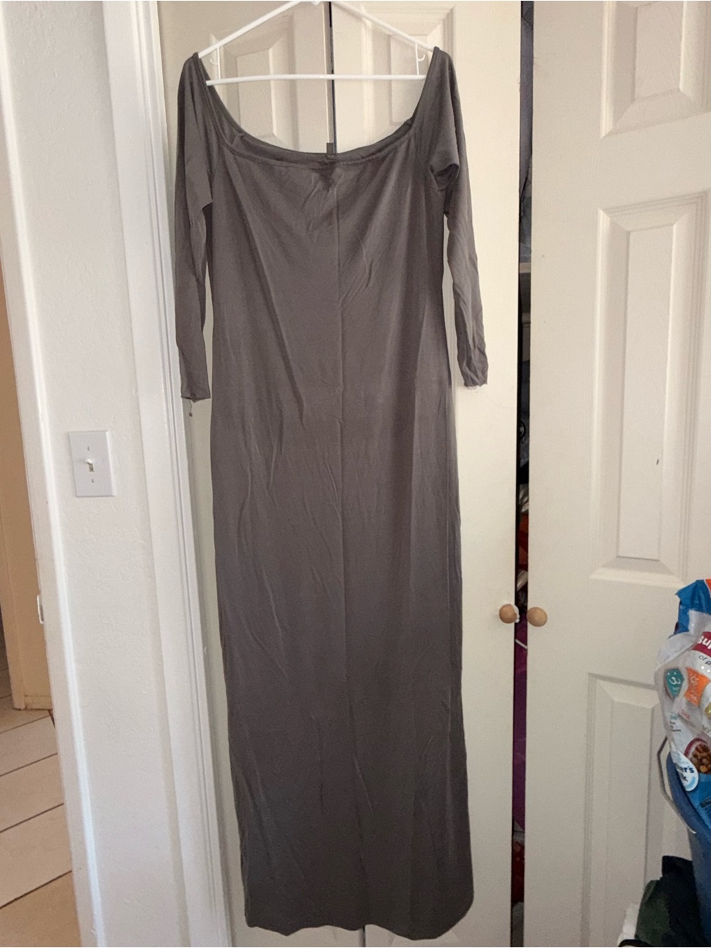 SKIMS Long Off-Shoulder Maxi Dress in Gray